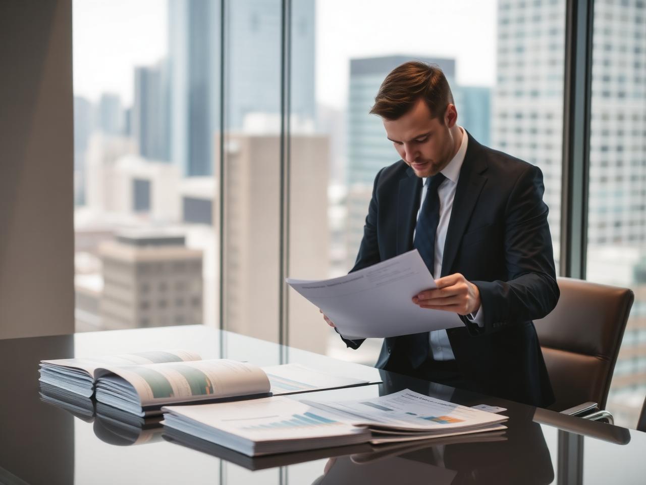 Asset manager in a suit reviewing portfolio reports in a glass-walled meeting room