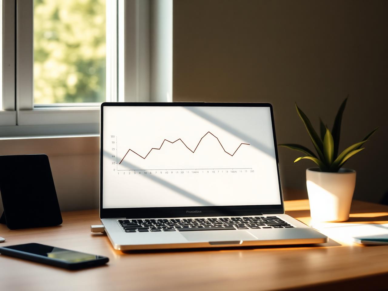 A single laptop showing one clean line chart on a calm desk in daylight